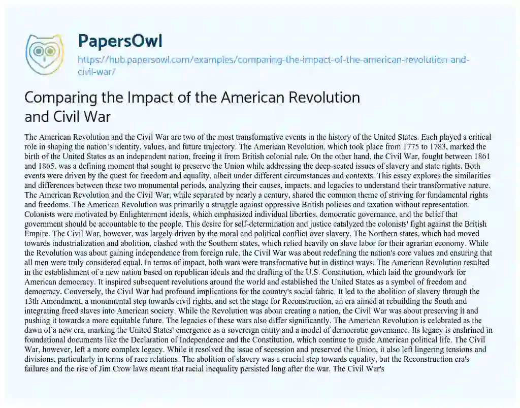 Essay on Comparing the Impact of the American Revolution and Civil War