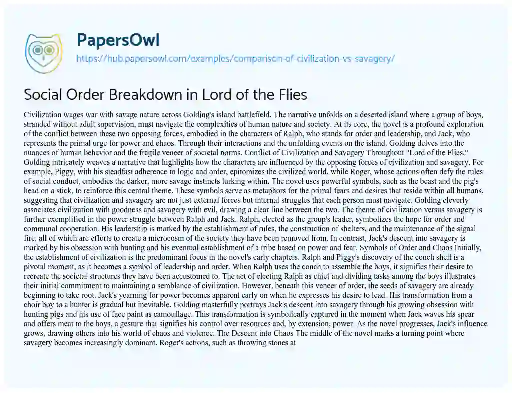 Essay on Social Order Breakdown in Lord of the Flies