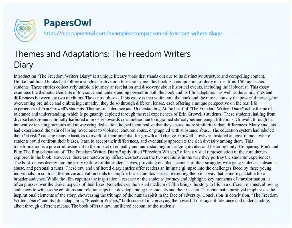 Essay on Themes and Adaptations: The Freedom Writers Diary
