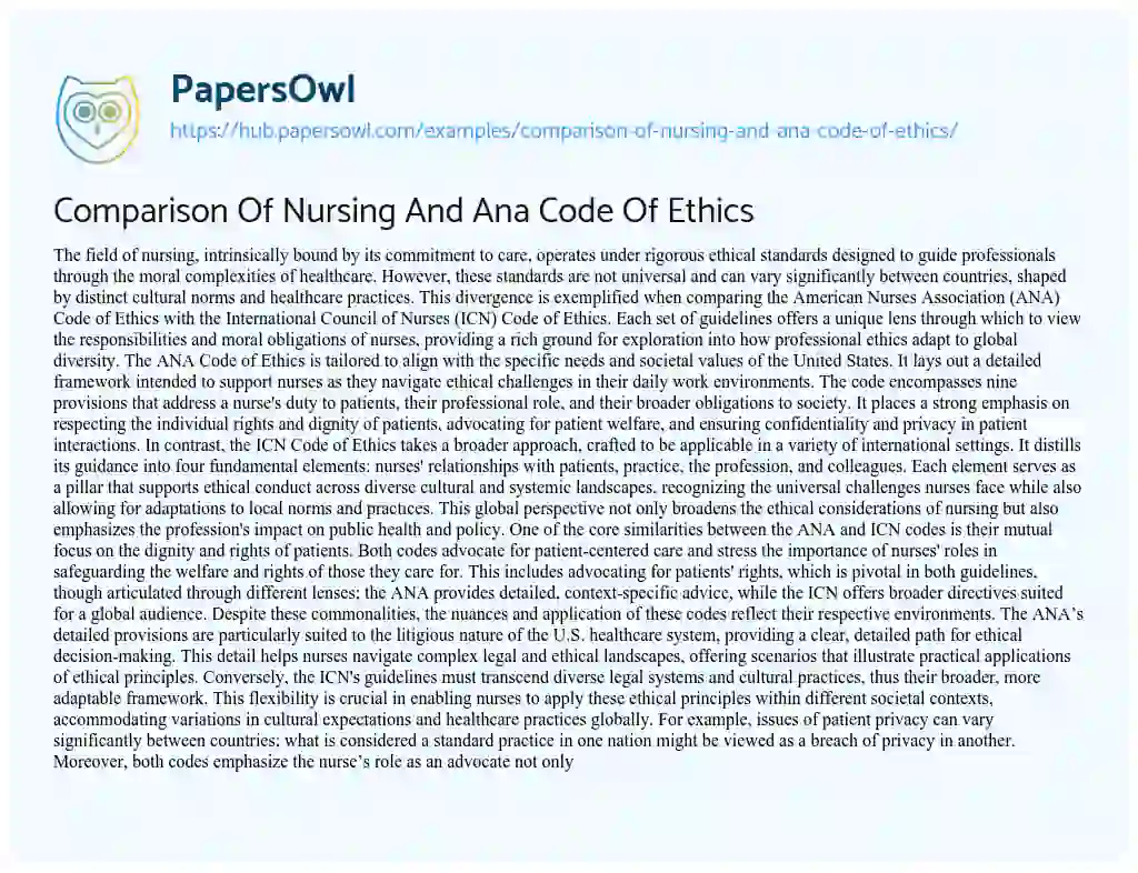 Essay on Comparison Of Nursing And Ana Code Of Ethics