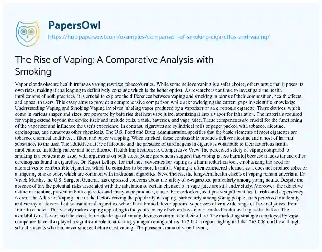 Essay on The Rise of Vaping: A Comparative Analysis with Smoking