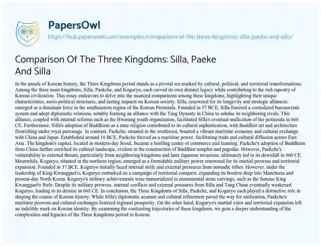 Essay on Comparison Of The Three Kingdoms: Silla, Paeke And Silla