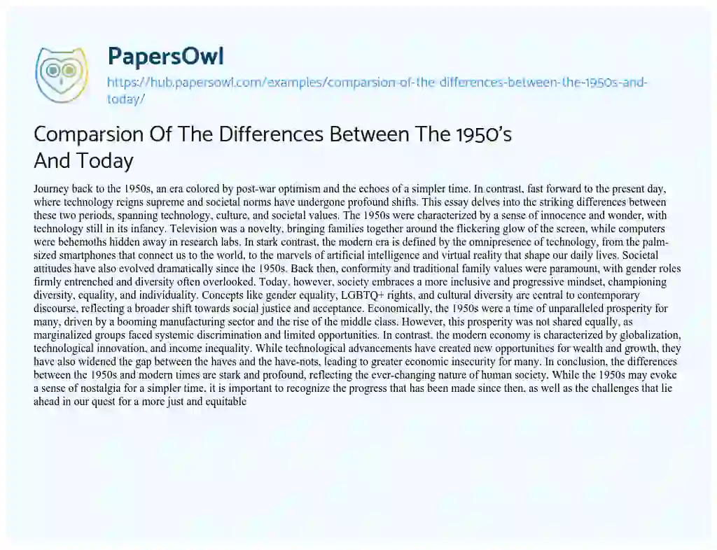 Essay on Comparsion Of The Differences Between The 1950’s And Today