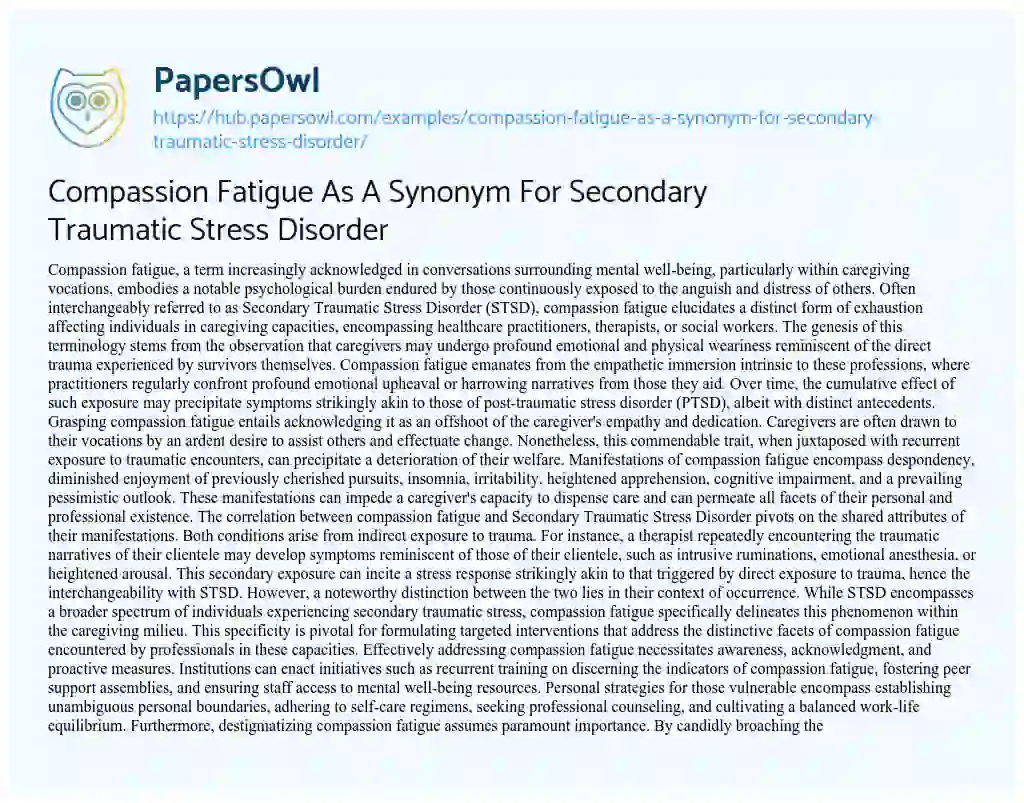 Essay on Compassion Fatigue As A Synonym For Secondary Traumatic Stress Disorder