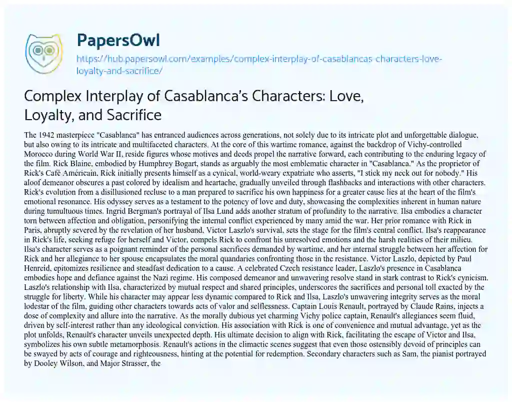 Essay on Complex Interplay of Casablanca’s Characters: Love, Loyalty, and Sacrifice