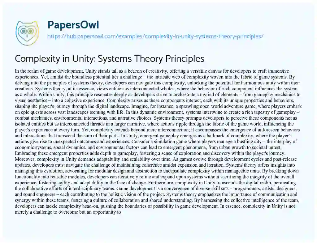 Essay on Complexity in Unity: Systems Theory Principles