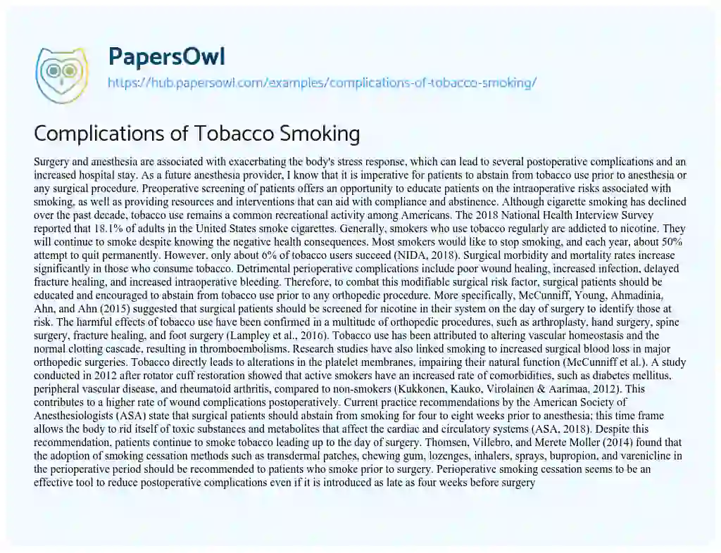 Essay on Complications of Tobacco Smoking