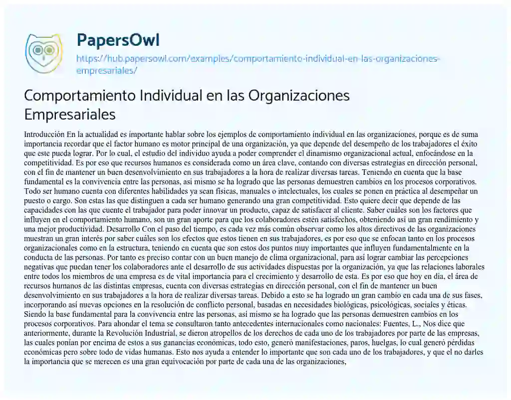 Essay on Comportamiento Individual en las Organizaciones Empresariales