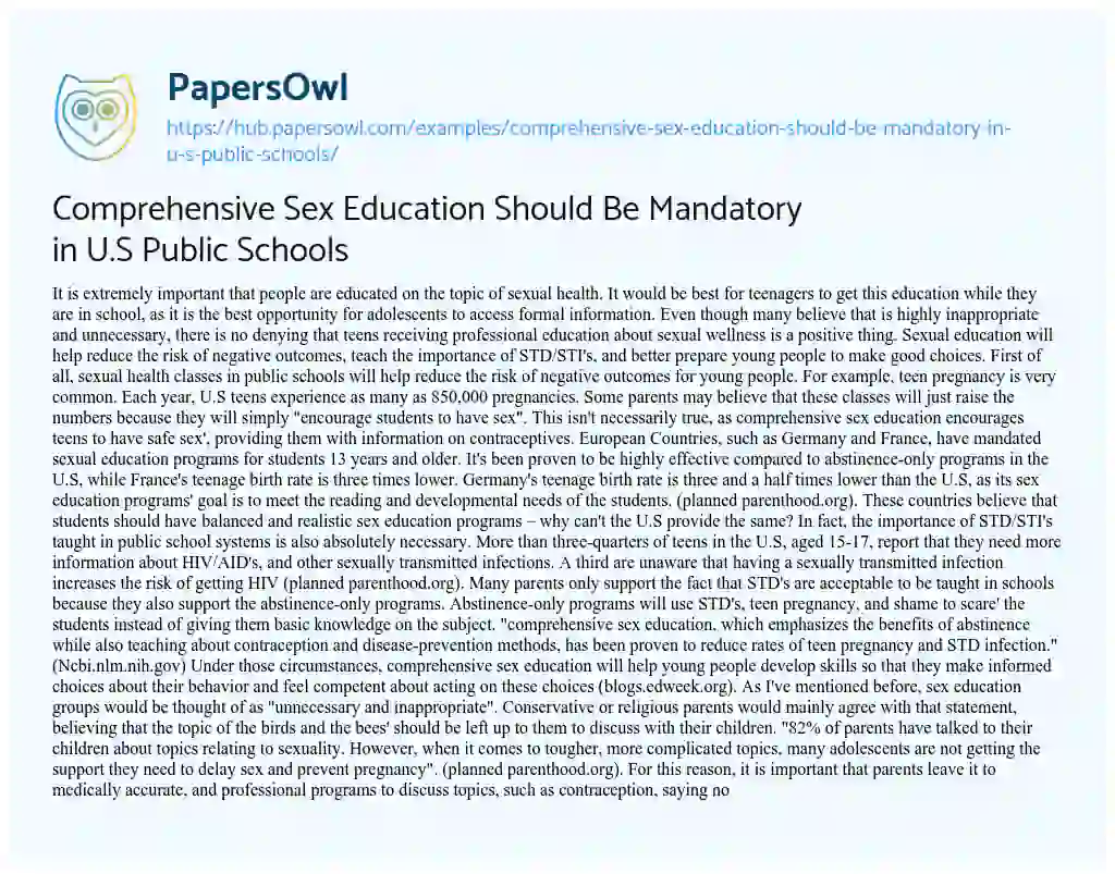 Essay on Comprehensive Sex Education Should Be Mandatory in U.S Public Schools
