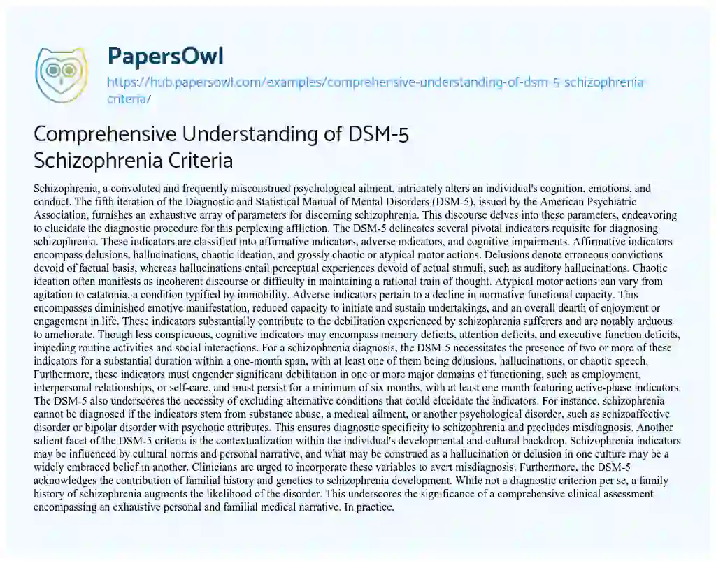 Essay on Comprehensive Understanding of DSM-5 Schizophrenia Criteria