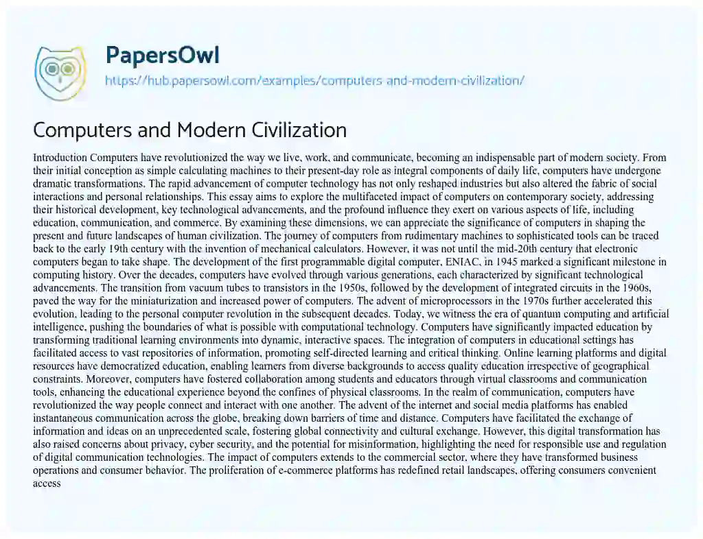 Essay on Computers and Modern Civilization