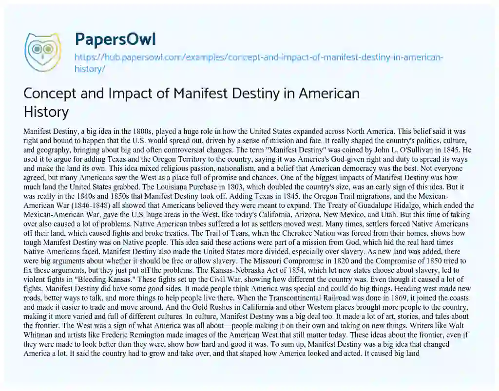 Essay on Concept and Impact of Manifest Destiny in American History