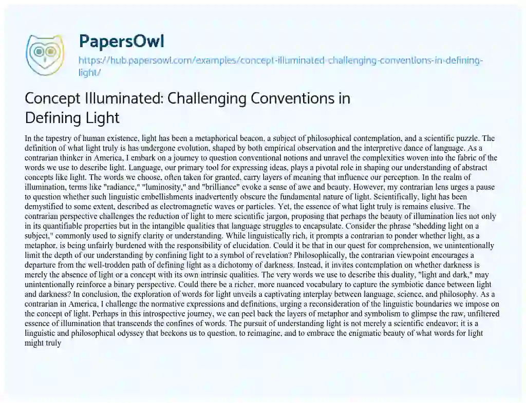 Essay on Concept Illuminated: Challenging Conventions in Defining Light