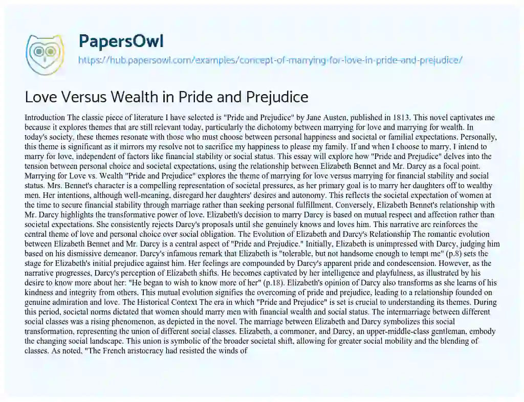 Essay on Love Versus Wealth in Pride and Prejudice