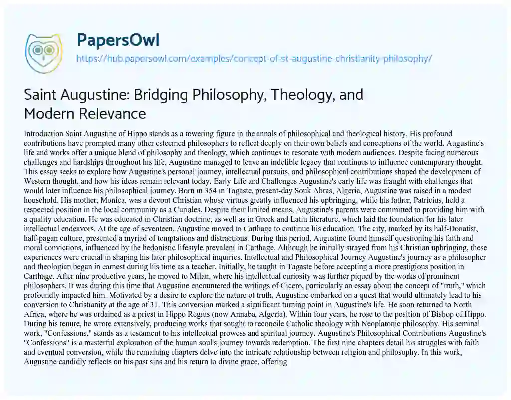 Essay on Saint Augustine: Bridging Philosophy, Theology, and Modern Relevance