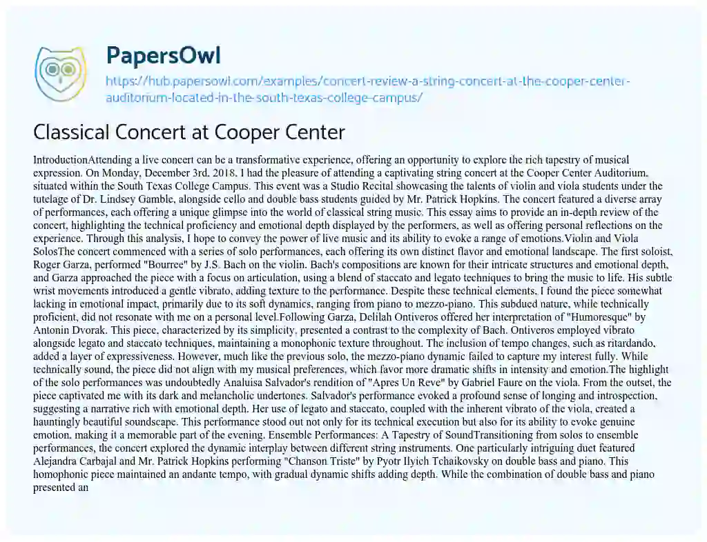 Essay on Classical Concert at Cooper Center