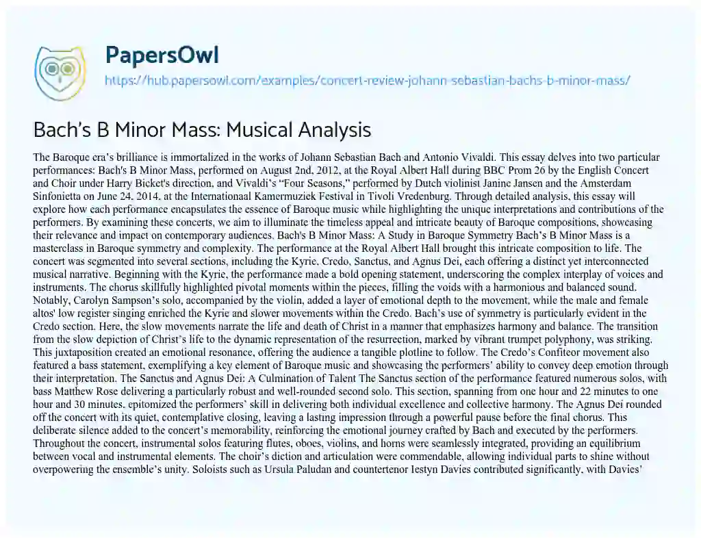 Essay on Bach’s B Minor Mass: Musical Analysis