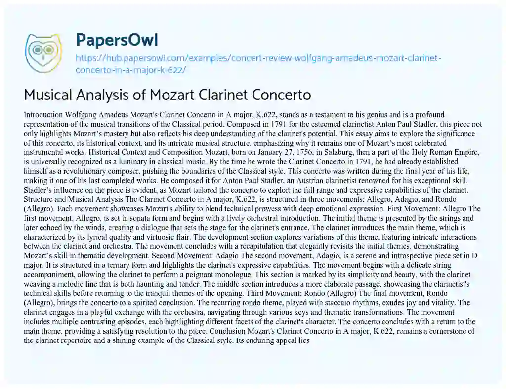 Essay on Musical Analysis of Mozart Clarinet Concerto
