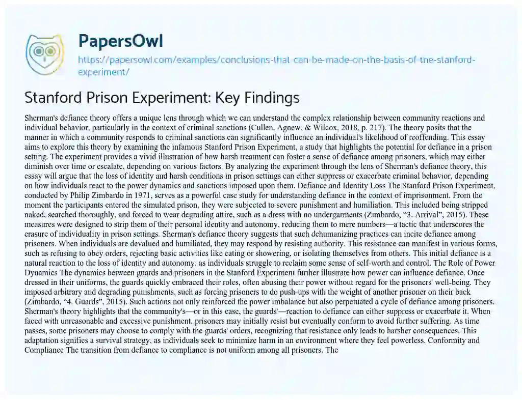 Essay on Stanford Prison Experiment: Key Findings
