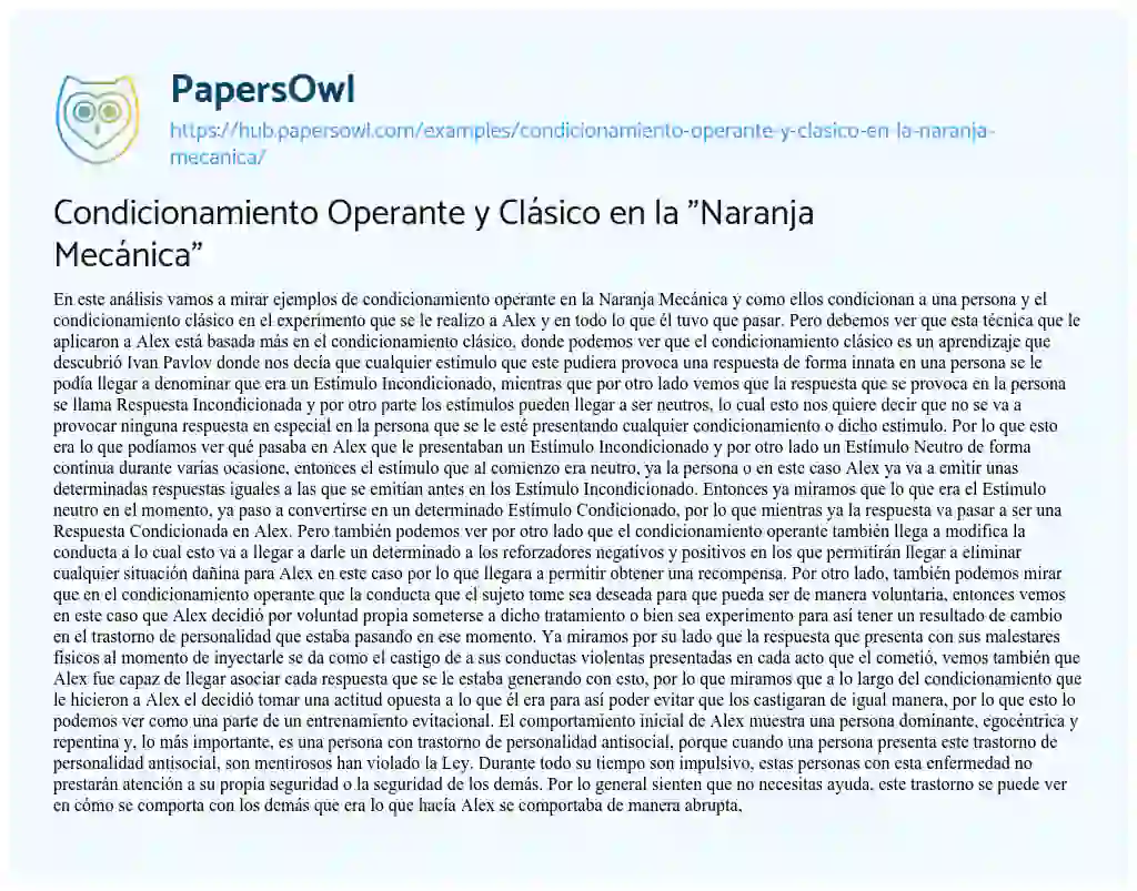 Essay on Condicionamiento Operante y Clásico en la “Naranja Mecánica”