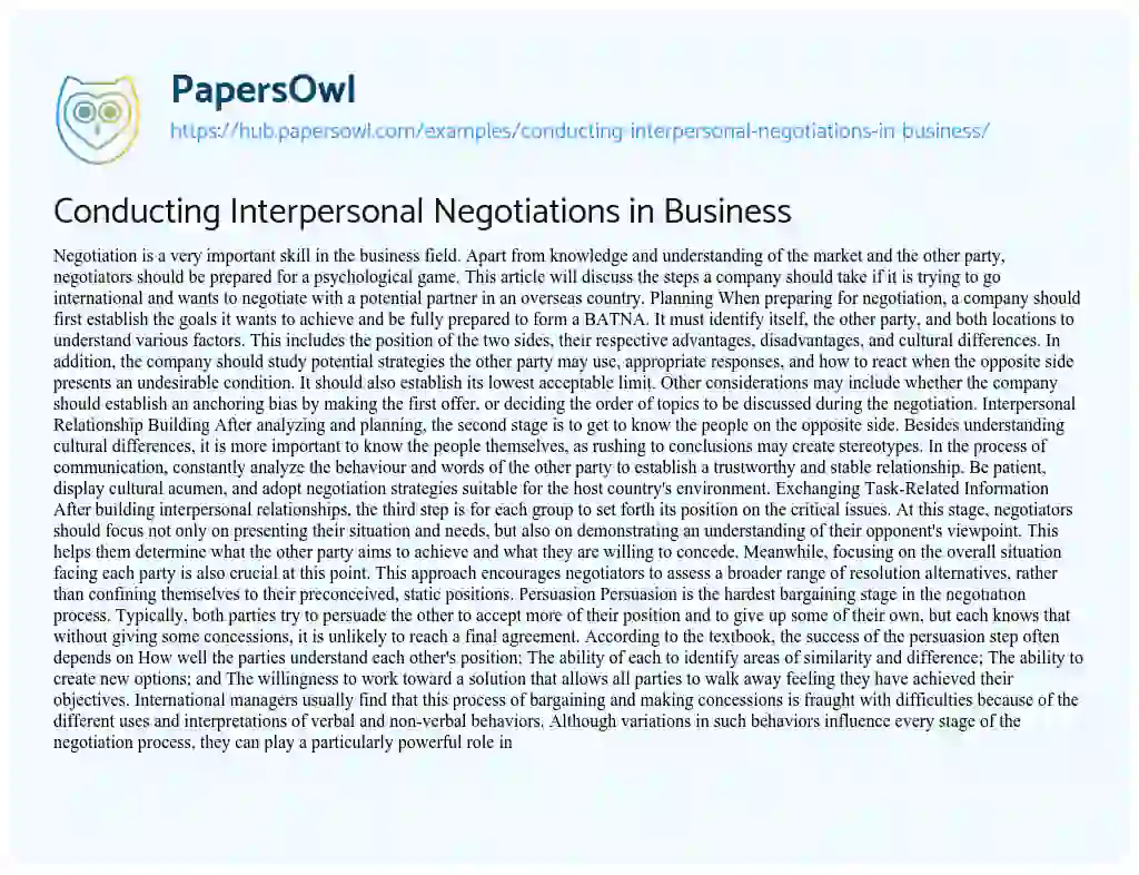 Essay on Conducting Interpersonal Negotiations in Business