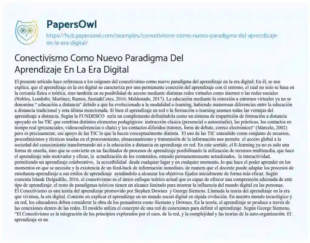 Essay on Conectivismo Como Nuevo Paradigma Del Aprendizaje En La Era Digital