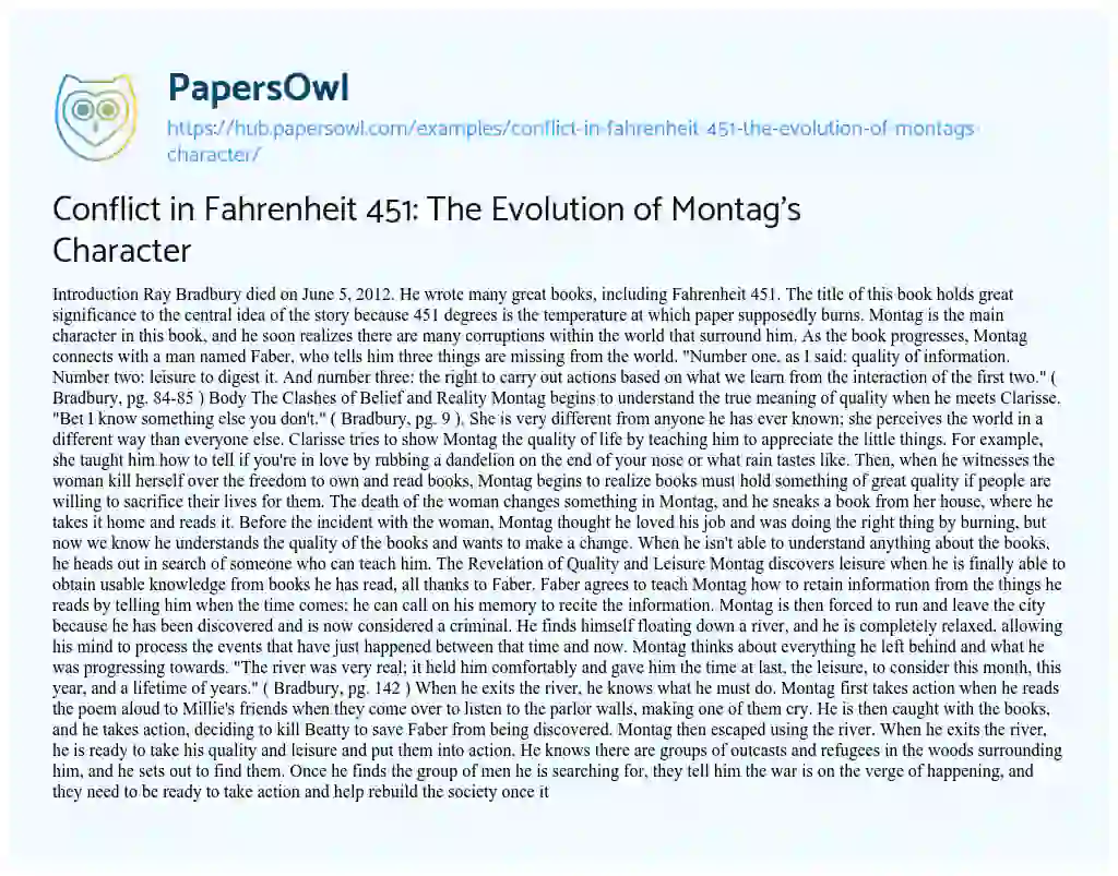 Essay on Conflict in Fahrenheit 451: The Evolution of Montag’s Character