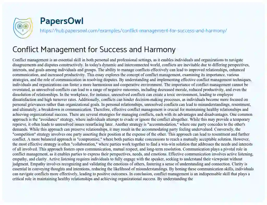 Essay on Conflict Management for Success and Harmony