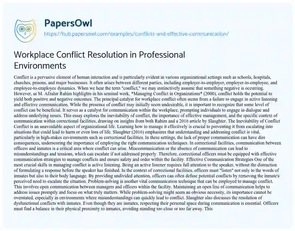 Essay on Workplace Conflict Resolution in Professional Environments