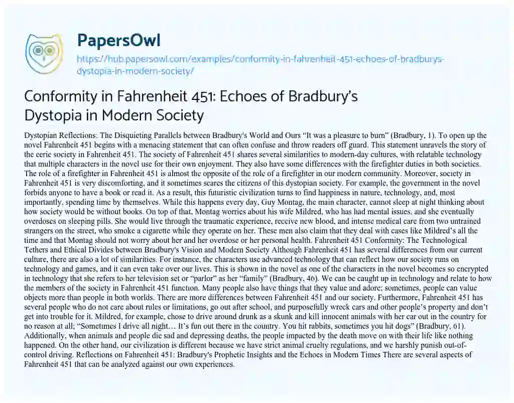 Essay on Conformity in Fahrenheit 451: Echoes of Bradbury’s Dystopia in Modern Society