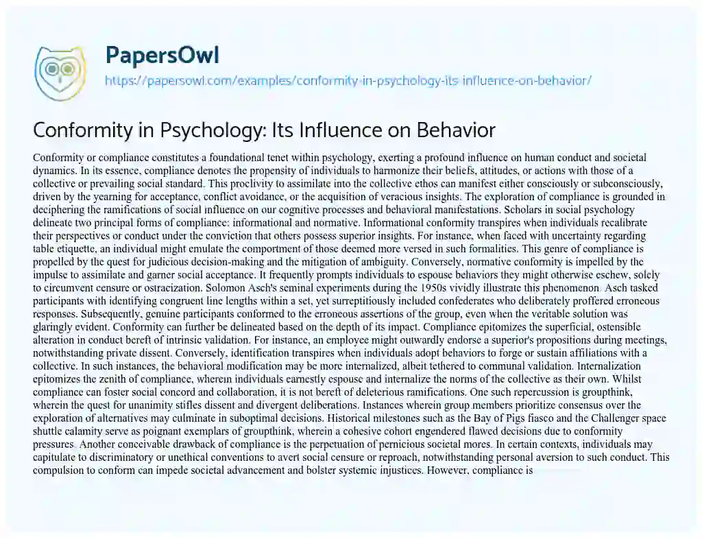 Essay on Conformity in Psychology: Its Influence on Behavior