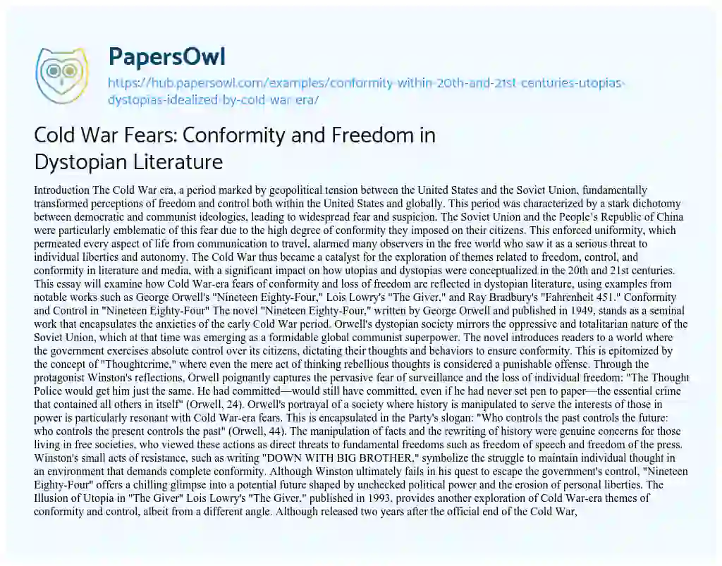 Essay on Cold War Fears: Conformity and Freedom in Dystopian Literature