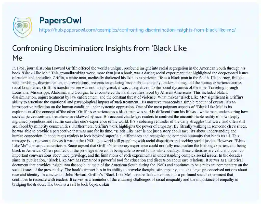 Essay on Confronting Discrimination: Insights from ‘Black Like Me