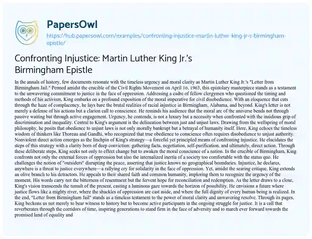 Essay on Confronting Injustice: Martin Luther King Jr.’s Birmingham Epistle