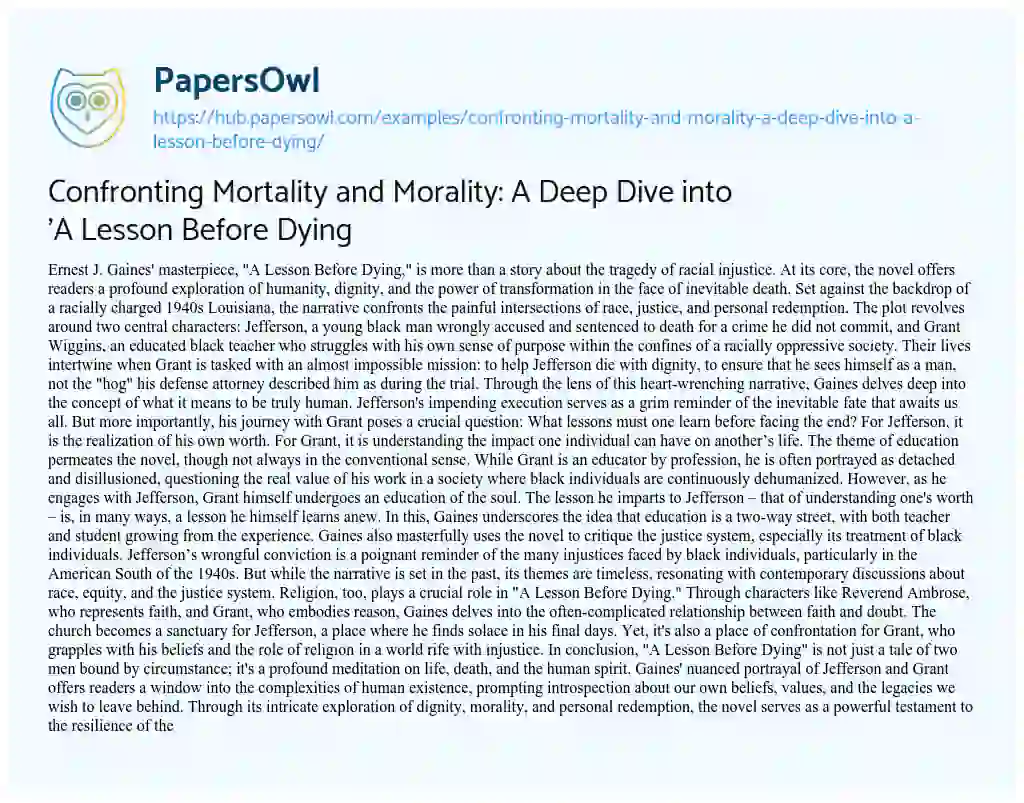 Essay on Confronting Mortality and Morality: A Deep Dive into ‘A Lesson Before Dying