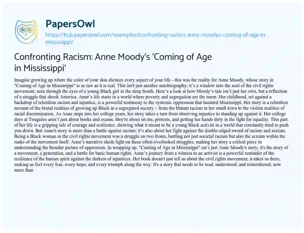 Essay on Confronting Racism: Anne Moody’s ‘Coming of Age in Mississippi’