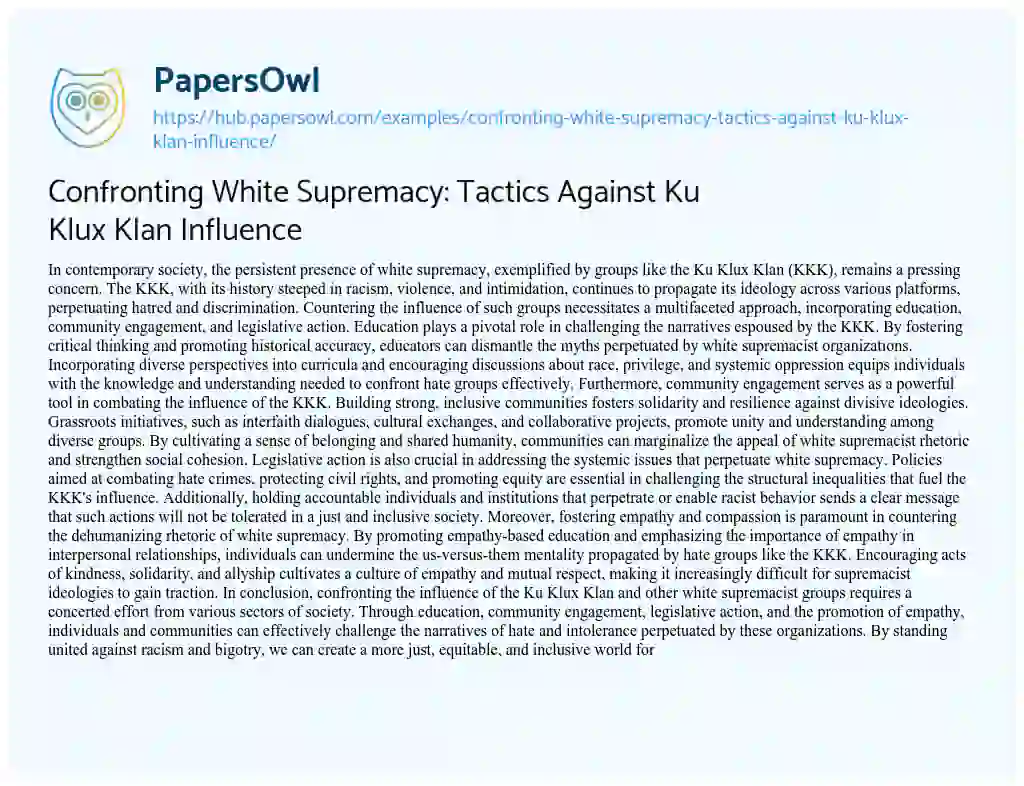 Essay on Confronting White Supremacy: Tactics Against Ku Klux Klan Influence