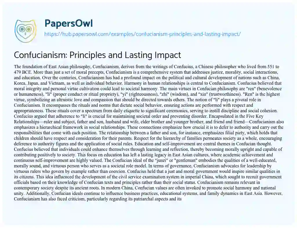 Essay on Confucianism: Principles and Lasting Impact
