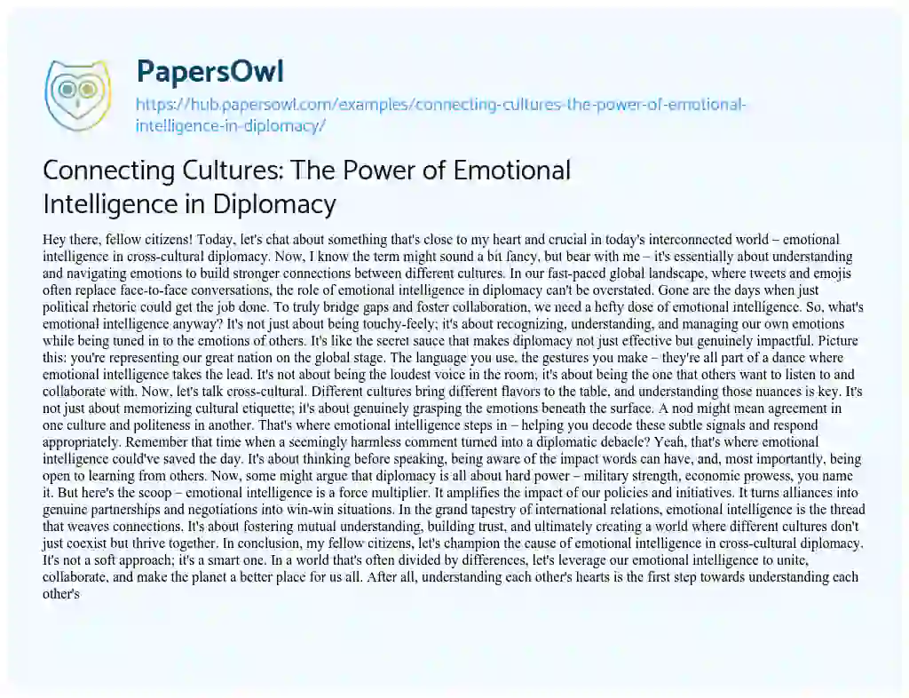 Essay on Connecting Cultures: The Power of Emotional Intelligence in Diplomacy