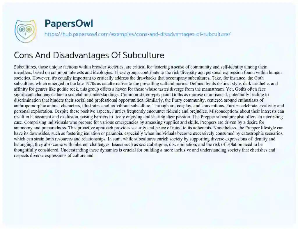 Essay on Cons And Disadvantages Of Subculture