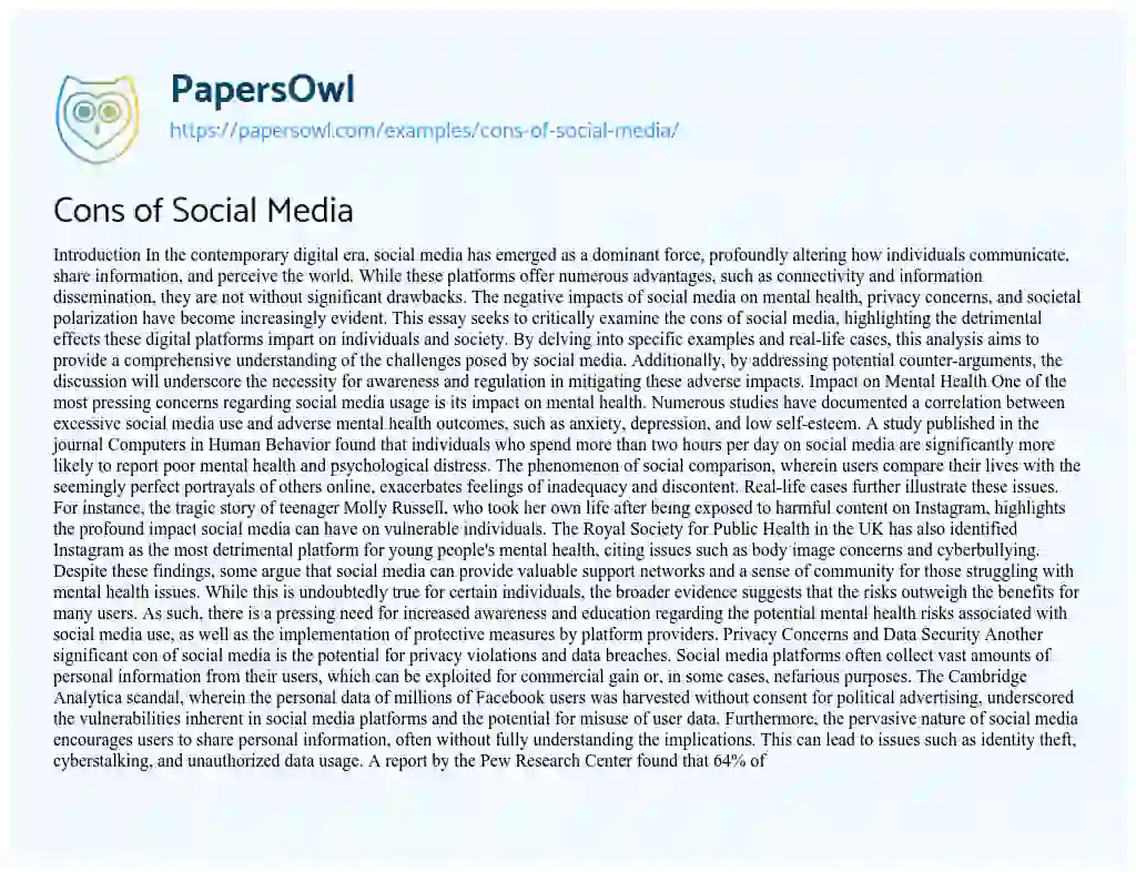Essay on Cons of Social Media