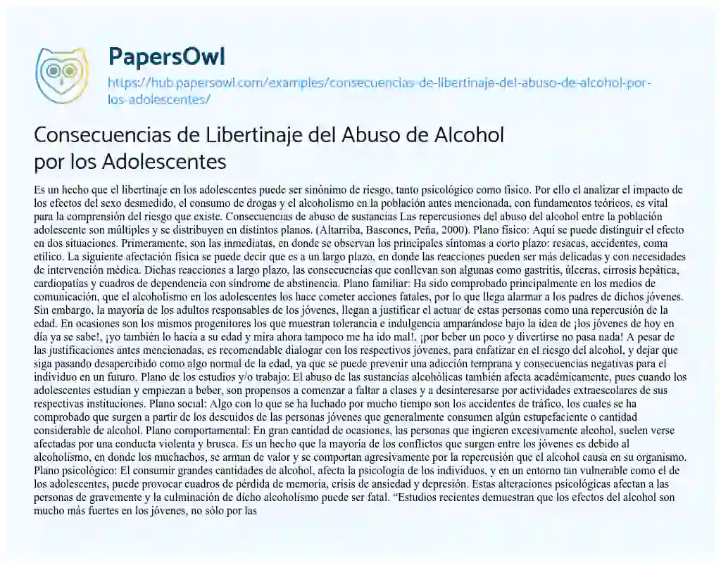Essay on Consecuencias de Libertinaje del Abuso de Alcohol por los Adolescentes
