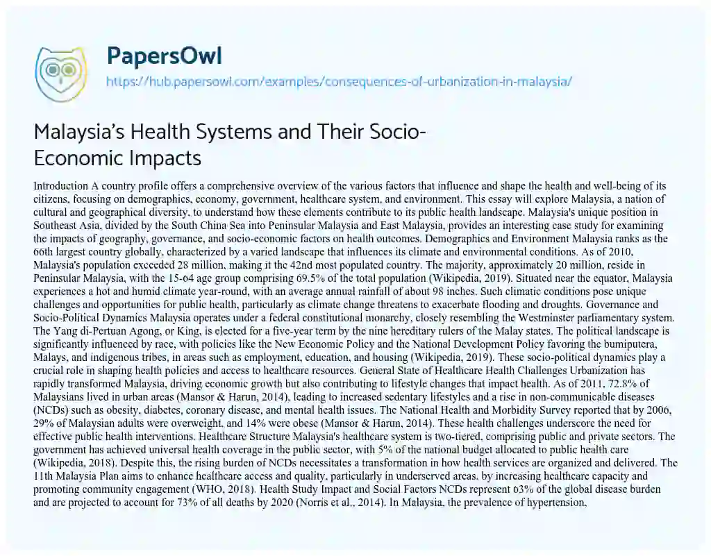 Essay on Malaysia’s Health Systems and Their Socio-Economic Impacts