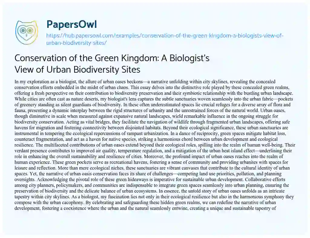 Essay on Conservation of the Green Kingdom: A Biologist’s View of Urban Biodiversity Sites
