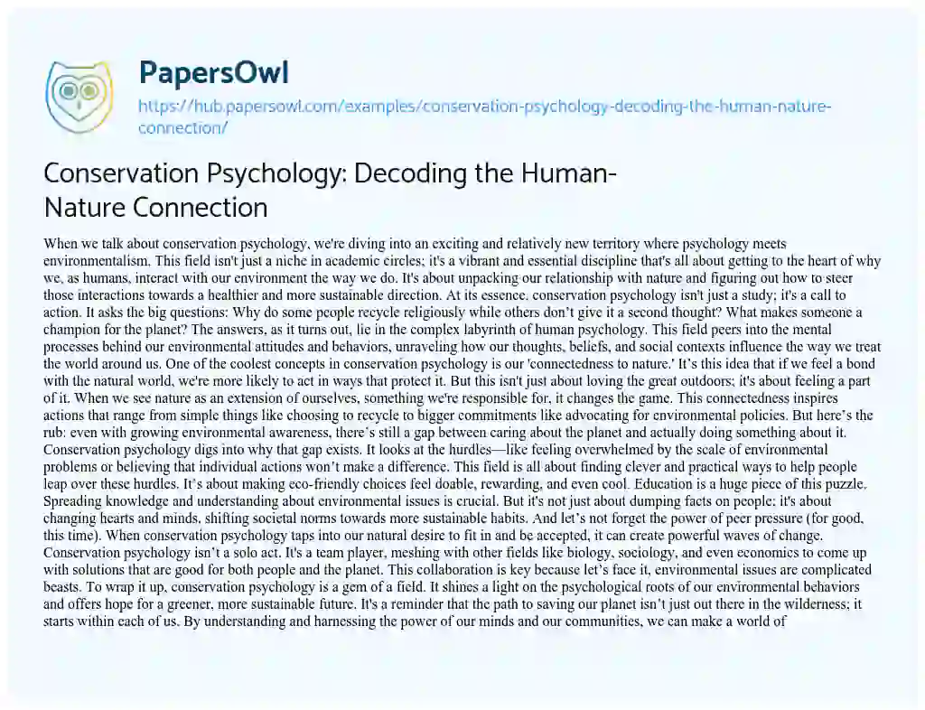 Essay on Conservation Psychology: Decoding the Human-Nature Connection