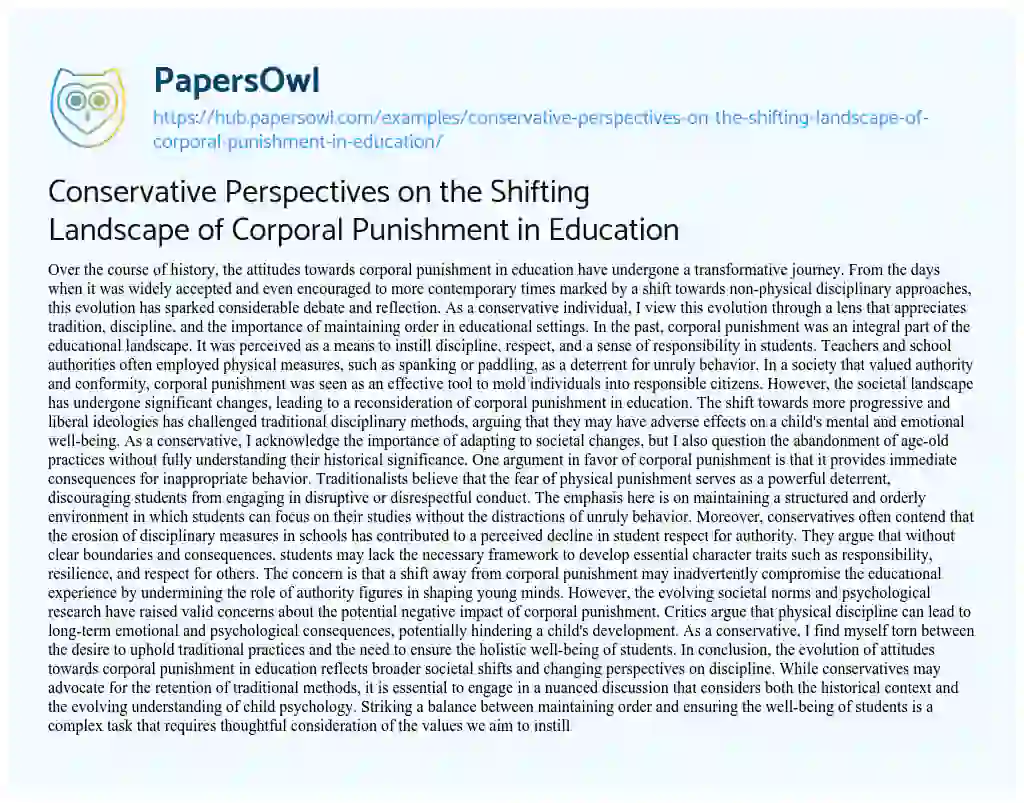 Essay on Conservative Perspectives on the Shifting Landscape of Corporal Punishment in Education