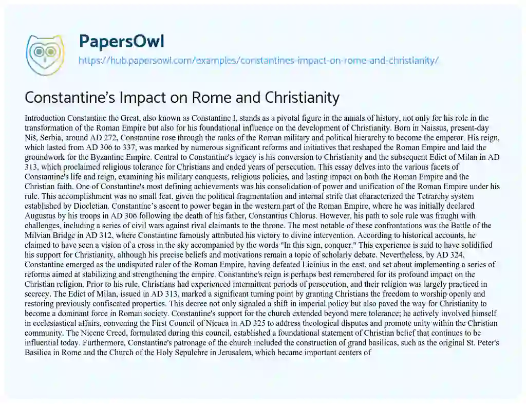 Essay on Constantine’s Impact on Rome and Christianity