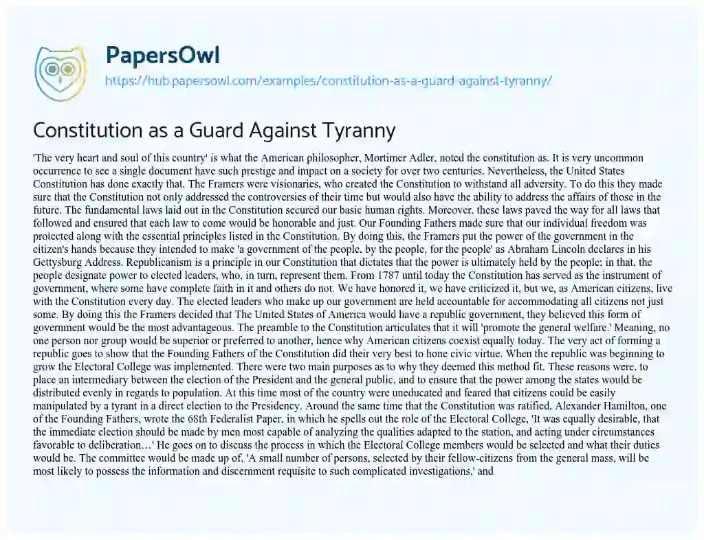 Essay on Constitution as a Guard Against Tyranny
