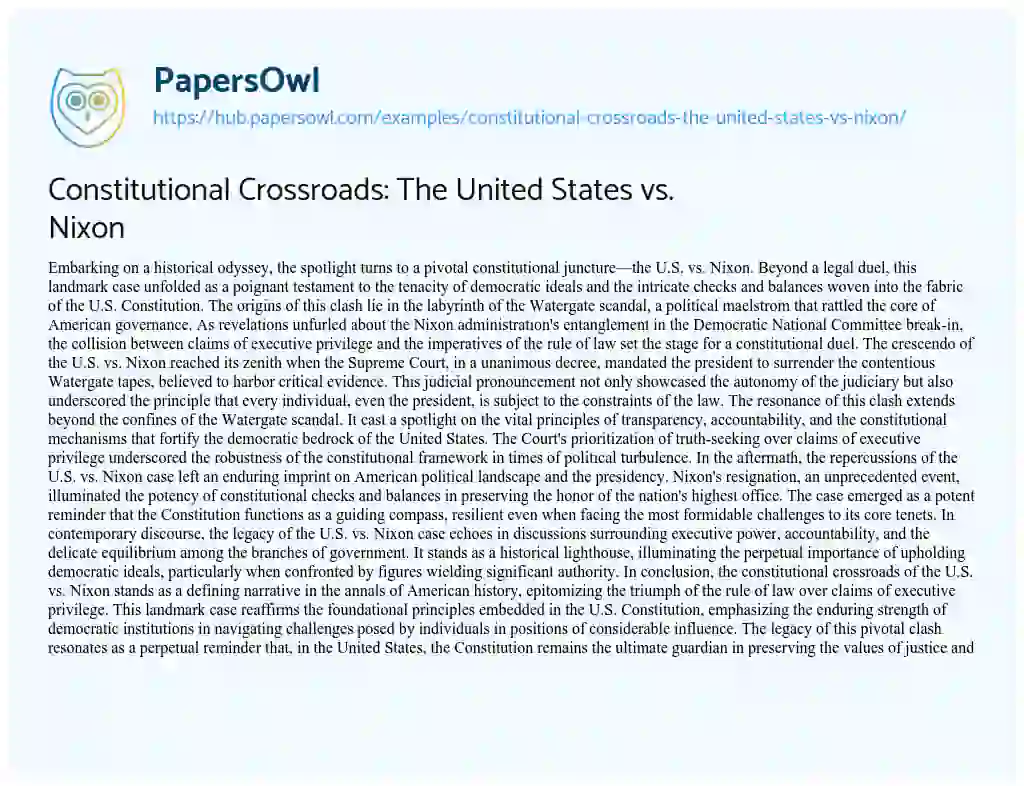 Essay on Constitutional Crossroads: The United States vs. Nixon