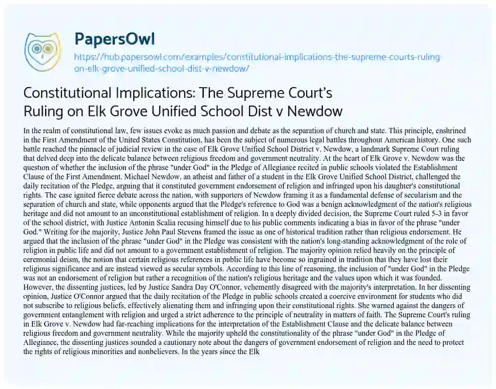 Essay on Constitutional Implications: The Supreme Court’s Ruling on Elk Grove Unified School Dist v Newdow